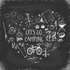 Wall Mural - lets go camping vector illustration with hand drawn camp doodles on a chalkboard background. tourist