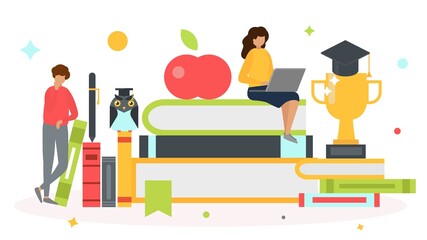 Wall Mural - Education knowledge in book, vector illustration. University student people with flat cup, study learning in library for success. Symbol training design, literature diploma course.