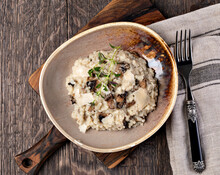 Mushroom Risotto On Plate, Close Up View