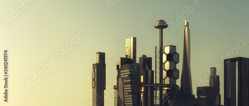 Fotomural Scifi futuristic city skyline panorama, 3D Illustration