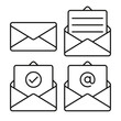Set of mail envelope icons. Closed envelope, open with a letter, with a check mark and email. Outline vector icon with editable stroke