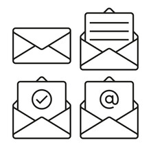 Set Of Mail Envelope Icons. Closed Envelope, Open With A Letter, With A Check Mark And Email. Outline Vector Icon With Editable Stroke