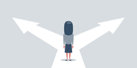 Business decision concept vector illustration. Businesswoman standing on the crossroads with two arrows and directions. vector illustration.