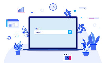 Poster - Searching the internet - Laptop computer with search engine on screen, with graphs, loading bar, clock, calendar and other information elements. Vector illustration.