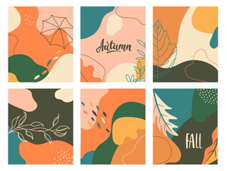 Wall Mural - Set of autumn abstract fluid backgrounds with geometric shapes. Template design for flyer, new season banner,poster,cards.Pastel fall placards. Vector illustration.