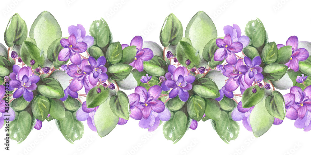 Seamless border with watercolor illustrenion of African Violet Flowers ...
