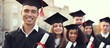 © New Africa - Happy students with diplomas near campus. Banner design
