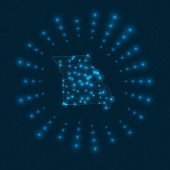 Poster - Missouri digital map. Glowing rays radiating from the US state. Network connections and telecommunication design. Vector illustration.