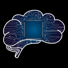Poster - Machine learning concept. Illustration of brain and circuit board pattern on black background
