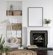 Frame mockup with plants standing on fireplace, white living room interior, 3d render