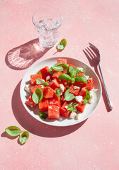 Wall Mural - watermelon salad with feta cheese and basil. healthy summer dessert