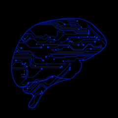 Poster - Machine learning concept. Illustration of brain and circuit board pattern on black background