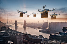 Futuristic Drones Delivering Packages In London, UK