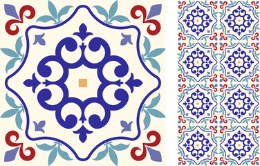 Wall Mural - Seamless Azulejo tile. Portuguese and Spain decor. Islam, Arabic, Indian, Ottoman motif. Vector Hand drawn pattern	