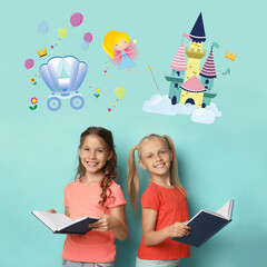 Wall Mural - Happy girls reading books on light blue background