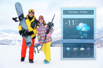 Wall Mural - lovely couple with equipment at ski resort and weather forecast widget. mobile application