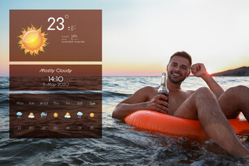 Wall Mural - happy young man with drink on inflatable ring in water and weather forecast widget. mobile applicati