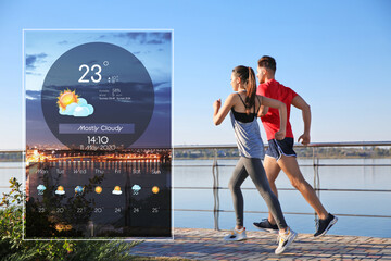 Wall Mural - sporty couple running outdoors and weather forecast widget. mobile application