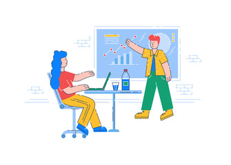 Sticker - Business presentation semi flat RGB color vector illustration. Company workers, colleagues isolated cartoon characters on white background. Corporate education, financial report, strategy development