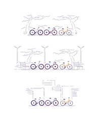 Canvas Print - Bicycle ride semi flat RGB color vector illustrations set. Bikes in city and public park. Active outdoor recreation. Urban travel transport isolated cartoon objects pack on white background