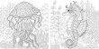 Coloring pages with jellyfish and seahorse