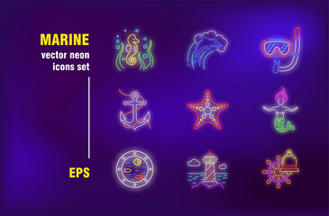 Wall Mural - Marine neon signs set. Cruise, scuba diving, underwater life, sailing, anchor. Night bright advertising. Vector illustration in neon style for banners, posters, travel flyer design