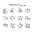 Focus mind icon set. line illustration pictograms for attention management, task and goal setting, mindfulness exercise, decision making and digital information detox. Editable stroke vector