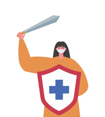 Wall Mural - Woman with mask shield and sword design of Fight covid 19 virus and stop spread theme Vector illustration