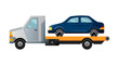 © the8monkey - Tow truck. Cool flat towing truck with broken car. Road car repair service assistance vehicle with damaged or salvaged car