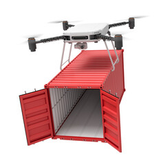 Poster - 3d rendering of drone lifting opened red shipping container isolated on white background