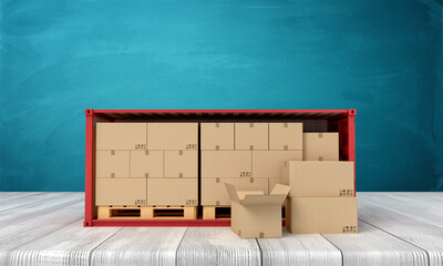 Poster - 3d rendering of red shipping container filled with cardboard boxes on white wooden floor and dark turquoise background.
