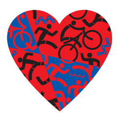 Wall Mural - 
I love Triathlon, running, swimming, cycling.
Illustration with red and blue heart symbol with triathlon athletes, swimmers, cyclists, runners. Useful as t-shirt design. Vector available.