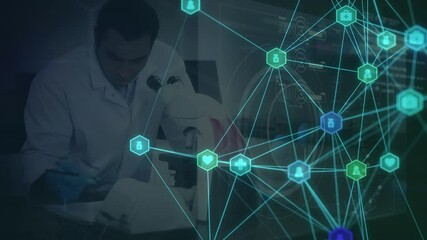 Poster - Digital composite video of web of connections with icons against scientist using microscope