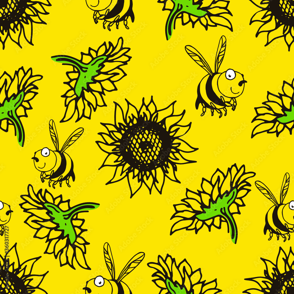 Summer pattern with sunflowers and bees that collect nectar. Bees ...
