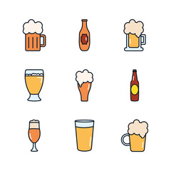 Wall Mural - beer glasses and liquor bottles icon set, line fill style