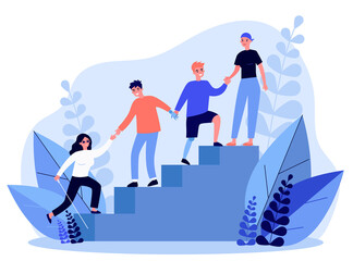 Wall Mural - disabled people helping to each other. handicapped men and women holding hands and climbing upstairs