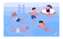 Happy Children In Swimming Pool Isolated Flat Vector Illustration. Cartoon Kids In Swimwear Playing In Water With Friends. Summer Activity And Vacation Concept