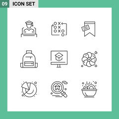 Pack of 9 Modern Outlines Signs and Symbols for Web Print Media such as school, camping, tactical, bag, text