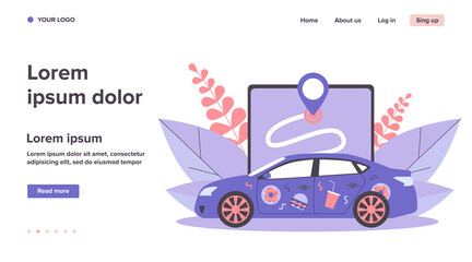 Car with food stickers. Restaurant courier vehicle, location app, address flat vector illustration. Service, food delivery, online order concept for banner, website design or landing web page