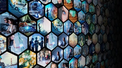 Aufkleber - Background animation of hexagonal picture tiles. Business strategy. Science technology.
