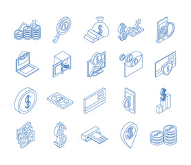 Sticker - isometric money cash currency business coins banknotes isolated on white background linear blue icons set