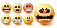 Smileys Angry Emoji Vector Set. Emoji Smileys In Yellow Face With Different Facial Expression Like Mad, Irritated, Pissed Off, Up Set And Frustrated For Social Media Emoticon Character Design. Vector 
