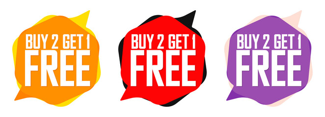  Buy 2 Get 1 Free, Set Sale bubble banners design template, discount tags, app icons, vector illustration