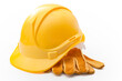 Middle class employment, labor day and industrial blue collar work concept with close up on a yellow hard hat and safety gloves isolated on white background with clipping path cutout