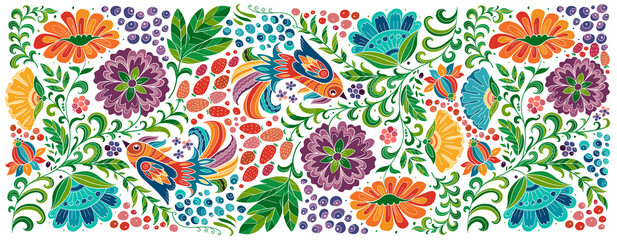 Poster - Magic forest with birds, background for your design