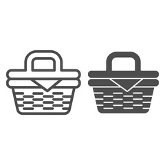 Poster - Picnic basket line and solid icon, summer time concept, Wicker picnic basket sign on white background, basket with food for outdoor leisure icon in outline style for mobile and web. Vector graphics.