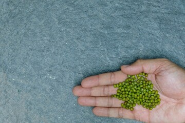 Green peas piled on bare hands.