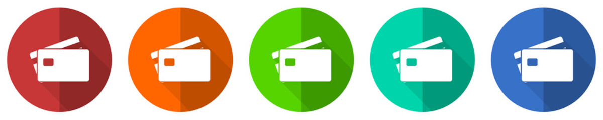 Poster - Credit card icon set, bank, finance, red, blue, green and orange flat design web buttons isolated on white background, vector illustration