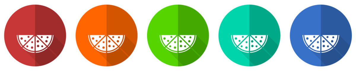 Aufkleber - Pizza icon set, food, restaurant, red, blue, green and orange flat design web buttons isolated on white background, vector illustration