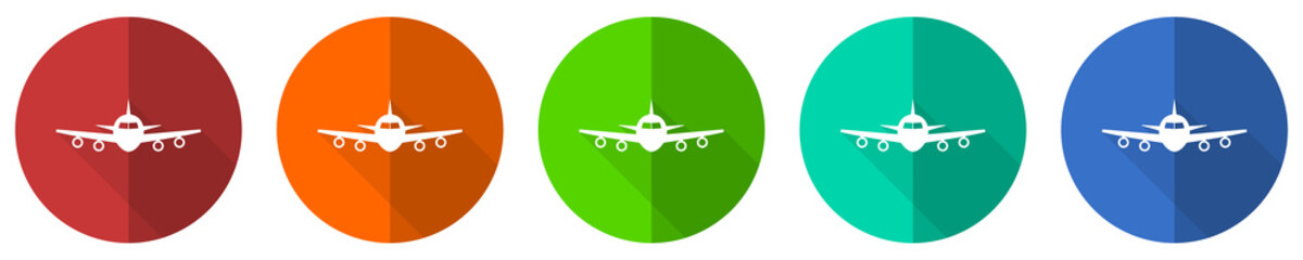 Leinwandbilder - Flight icon set, plane, aircraf, red, blue, green and orange flat design web buttons isolated on white background, vector illustration